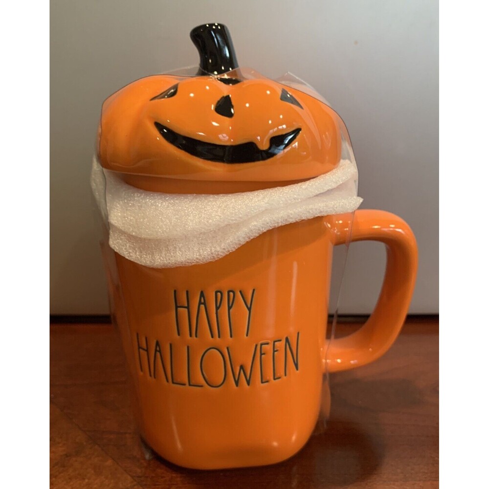 Rae Dunn Happy Halloween Lidded Coffee Mug Jack-O-Lantern Pumpkin Orange New